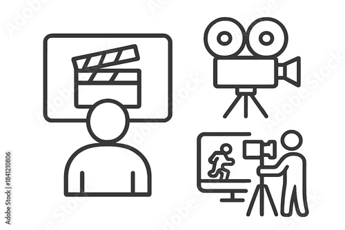 Movie making, film production, video recording, and cinematography equipment symbols