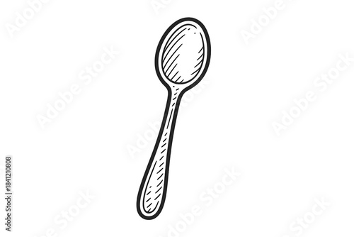 Spoon drawn with simple lines in black on white background showcasing its shape and design