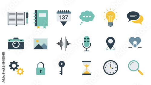 Collection of Flat Design Icons Representing Various Digital and Everyday Concepts.