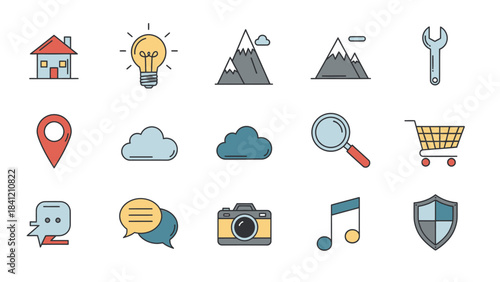 Collection of Flat Icons Representing Various Concepts and Objects.