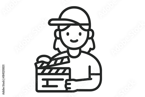 Film director holds clapboard while preparing for a scene outdoors in sunlight at a movie set during daytime