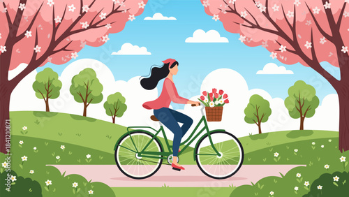 A woman rides a bicycle with a basket full of flowers through a park in bloom during springtime.