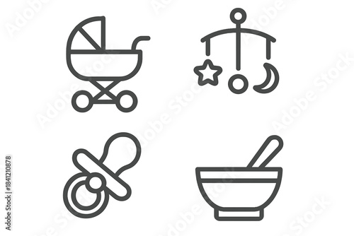 Different baby items including a stroller, mobile, pacifier, and bowl for feeding