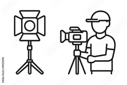 Camera crew prepares for filming with lighting and equipment at a studio in the morning