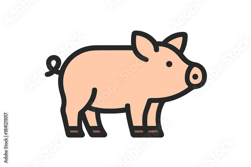 Cartoon pig standing on four legs with a curly tail and no background
