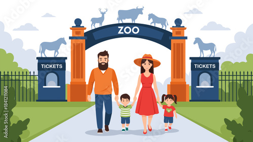A happy family of four, including parents and two young children, walking towards the entrance of a zoo.