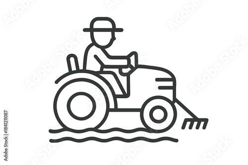 Tractor moves through field as farmer works on land during daytime with clear skies overhead and visible crops in the distance