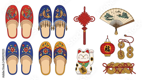 Chinese New Year Decorations Slippers, Lucky Cat, Lantern, and Coins