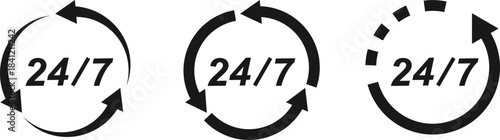 24 7 icon set. The 24 hour service is open 24 hours a day, 7 days a week. Simple illustration set of 24-7 elements, can be used in logo, ui and web design. Vector illustration on transparent backgroun