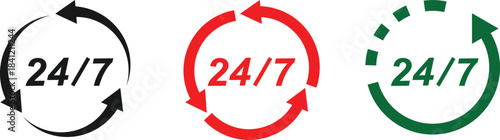 24 7 icon set. The 24 hour service is open 24 hours a day, 7 days a week. Simple illustration set of 24-7 elements, can be used in logo, ui and web design. Vector illustration on transparent backgroun