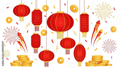 Vibrant Celebration Lanterns, Fireworks, and Coins for Prosperity