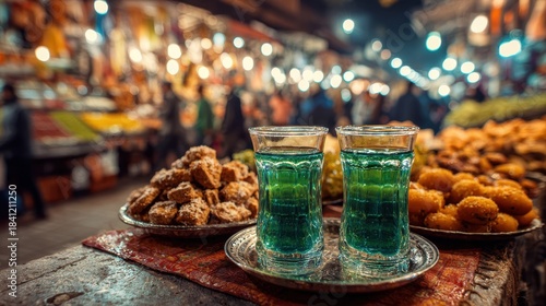 Vibrant Moroccan mint tea and traditional sweets at a bustling market