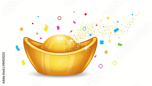 Golden Ingot with Confetti - Symbol of Wealth and Celebration