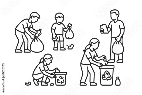 Outline icons set showing people cleaning up the environment and promoting waste management