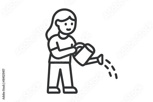 Simple black and white line drawing of a woman using a watering can to care for potted plants