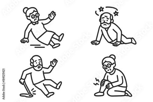 Senior adults falling and suffering injuries, including knee pain, dizziness, and accidents