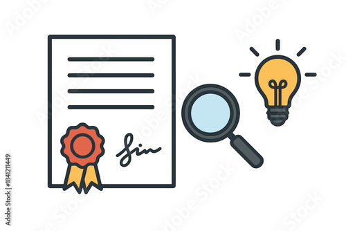 Intellectual property search and legal document review symbolized by magnifying glass and light bulb