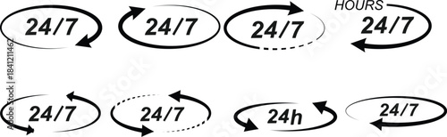 24 7 icon set. The 24 hour service is open 24 hours a day, 7 days a week. Simple illustration set of 24-7 elements, can be used in logo, ui and web design. Vector illustration on transparent backgroun