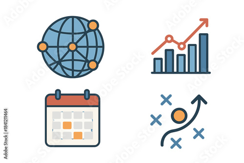 Business icons set for global network, financial growth, scheduling, and strategic planning