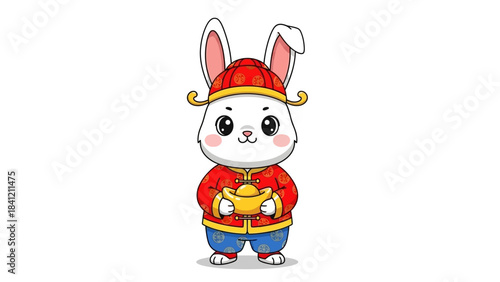 Cute Cartoon Rabbit Character Celebrating Chinese New Year with Golden Ingot