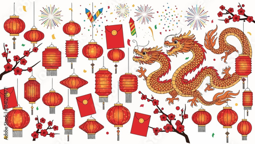 Festive Lunar New Year Celebration with Lanterns and Dragon Illustration