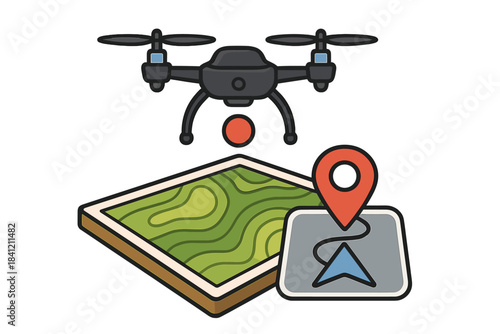 Drone flying over a topographic map and navigation screen showing GPS location and route planning