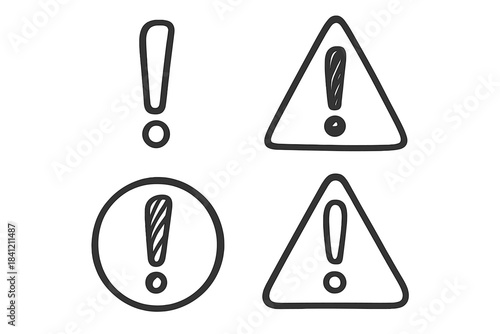 Doodle style warning and alert icons with exclamation marks in triangles and circles