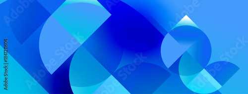 Abstract blue shapes overlap, creating dynamic visual texture. Gradient hues suggest depth, movement, modern design.