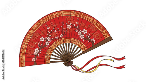 Elegant Red Fan with Blossom Illustration for Cultural Celebrations