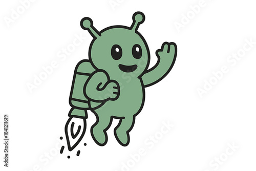 Friendly cartoon alien character flying with a jetpack waving hand isolated