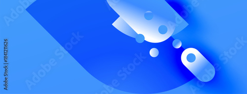 Abstract blue shapes overlap, creating dynamic composition. Smooth gradients suggest depth, light interplay. Modern design element.