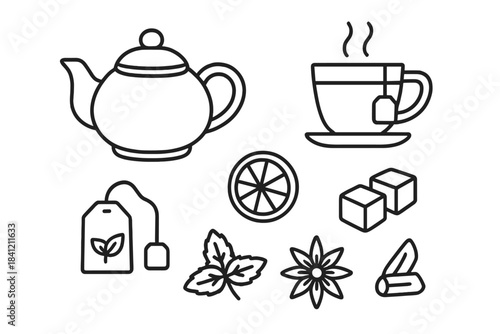Tea preparation icons with teapot, steaming cup, lemon, mint, and spices