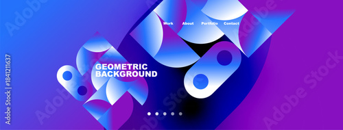 Abstract geometric background. Blue, purple gradients create dynamic shapes. Text labels present work, about, portfolio, contact options.