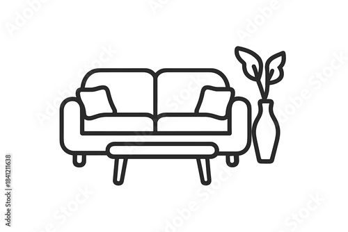 Minimalist outline drawing of a modern living room interior with sofa, coffee table, and houseplant
