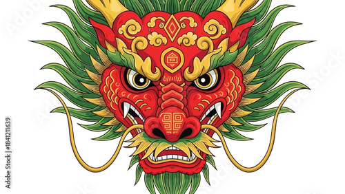 Vibrant Chinese Dragon Head Illustration with Intricate Details