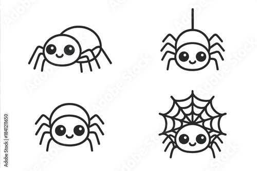 Set of four adorable cartoon spiders in various poses including hanging and sitting on a web