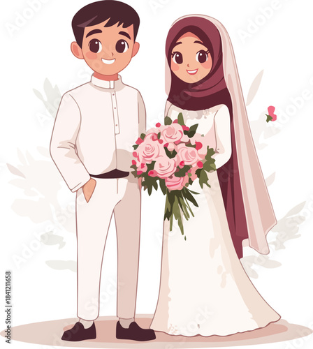 Happy wedding couple with bouquet of flowers, perfect for a romantic marriage invitation illustration