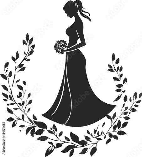 Beautiful silhouette vector illustration of a bride in a long wedding dress and veil with a flower bouquet