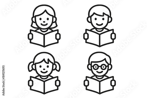 Diverse smiling children reading books and studying educational material