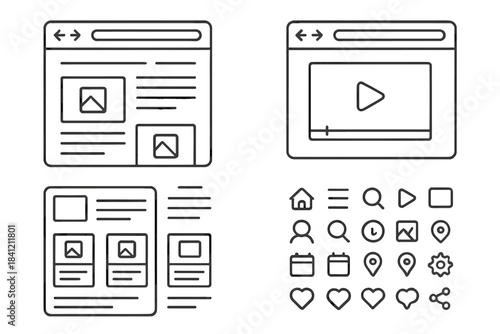 Outline icons set for web design interface elements and mobile application development