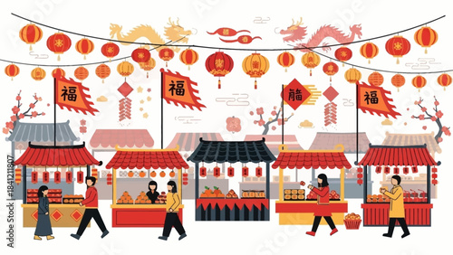 Vibrant Chinese New Year Market Scene with Red Lanterns and Festive Decorations