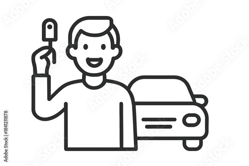 Happy person holding a modern car key fob outline icon representing vehicle access and ownership