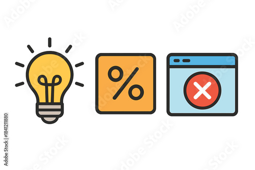 Idea generation, financial percentage, and browser failure digital icon set