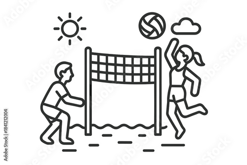 Competitive beach volleyball match featuring two players spiking the ball over the net during intense action
