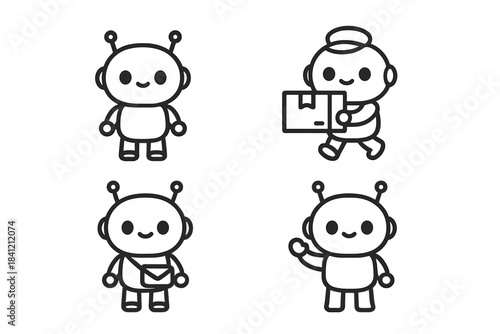 Cute robot characters set performing delivery, shipping, and greeting actions