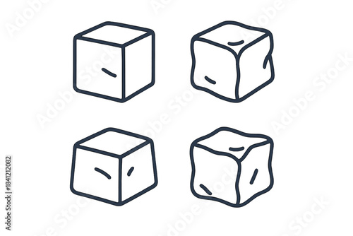 Set of four outline icons featuring various shapes of frozen ice cubes for cold drinks and refreshment
