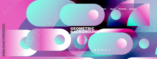 Abstract vibrant design features overlapping circles, gradients. Pink, blue hues dominate composition. Navigation menu present at top.