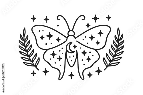 Butterfly design with stars and leaves on white background showing a creative and artistic approach
