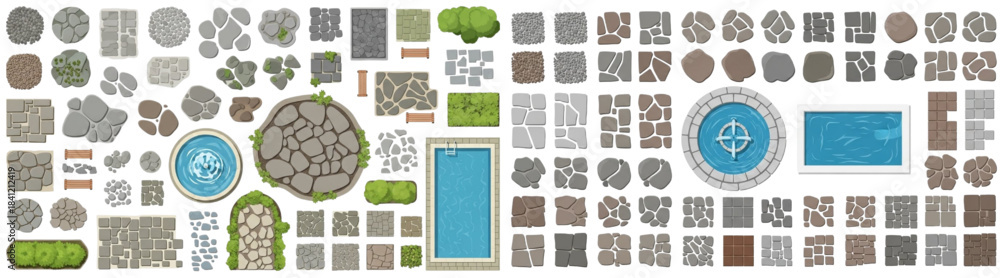 © Hesh - Vector Top View Landscape Elements Set Featuring Paving, Swimming Pool, and Circular Fountain for Site Plans