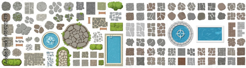 Vector Top View Landscape Elements Set Featuring Paving, Swimming Pool, and Circular Fountain for Site Plans